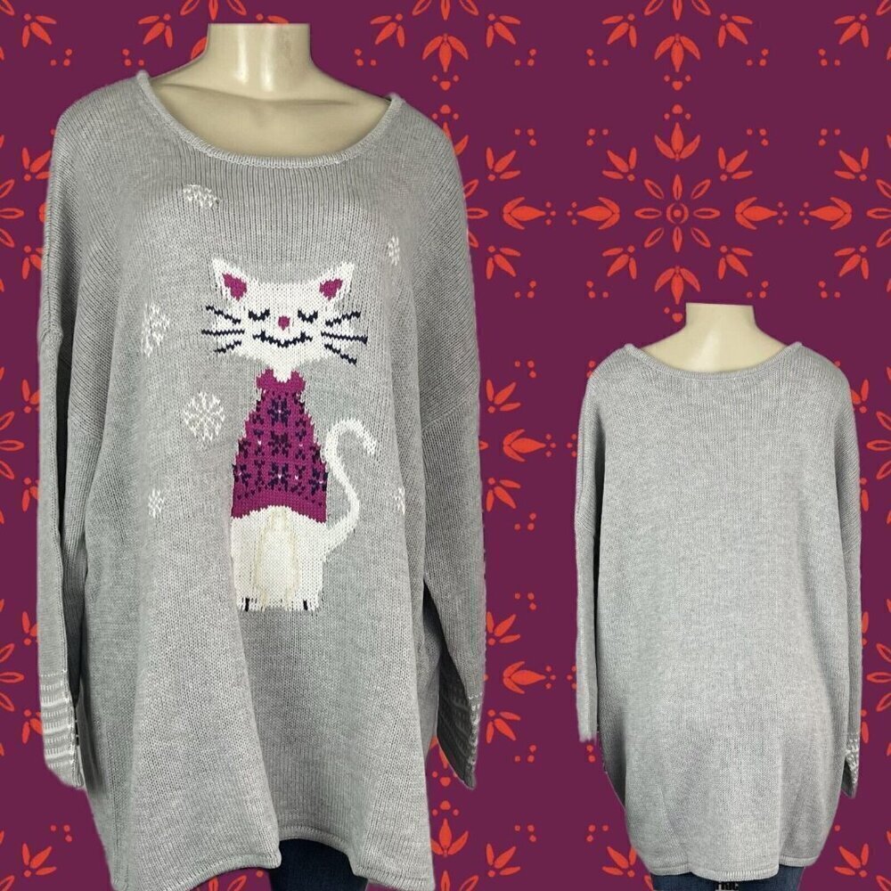 Woman Within +26/28 Gray Cat Wearing Sweater Crew Neckline Long Sleeve Sweater